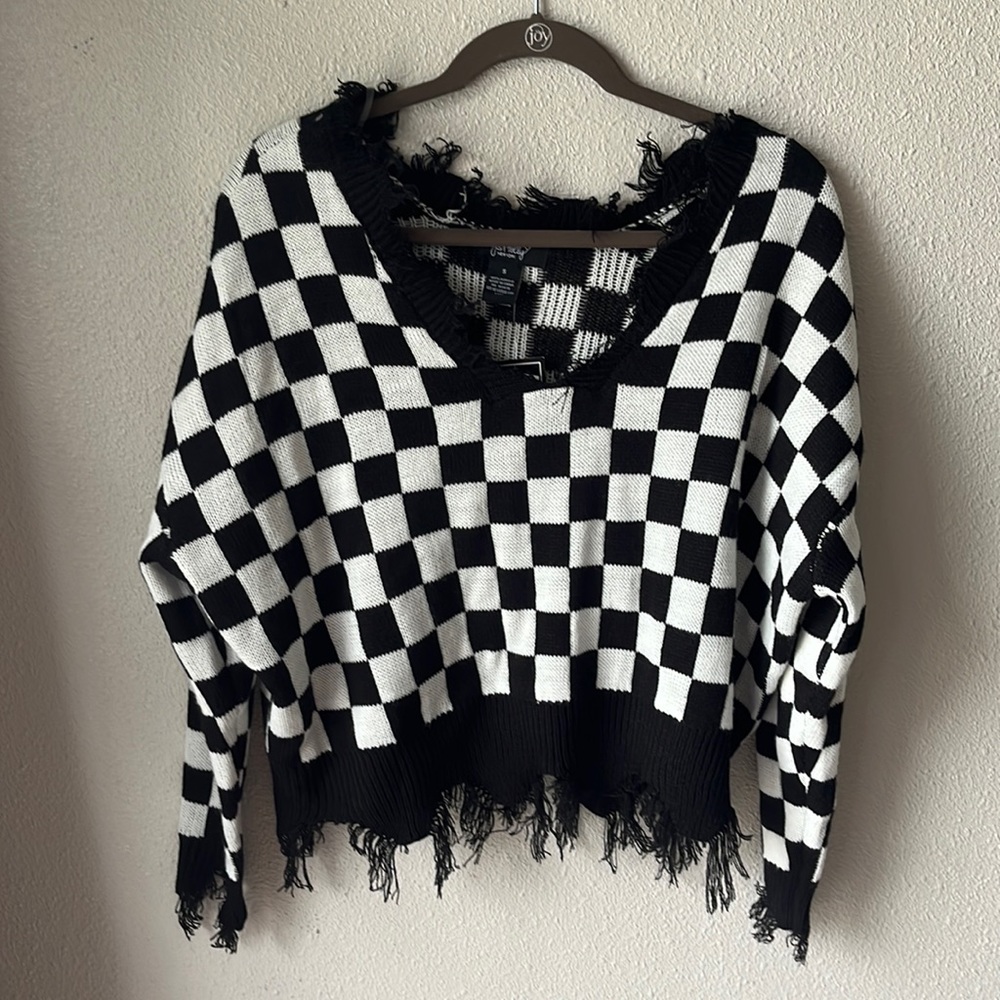 JUST POLLY Juniors' Checkered-Print Destructed Sweater